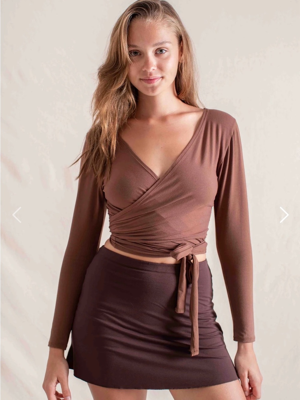 Women's Wrap Tie Waist Long-Sleeve Top in Brown